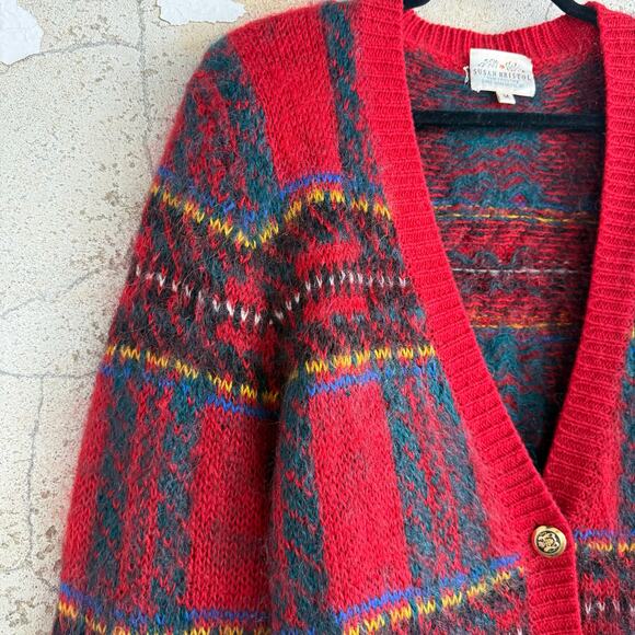 Vtg 90s Susan Bristol Cardigan Sweater Mohair Wool Holiday Plaid Women M Classic - Picture 3 of 8